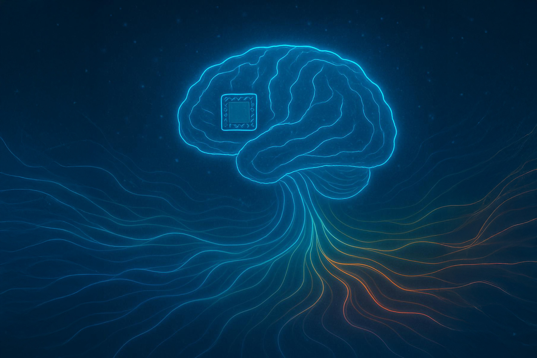 A glowing digital illustration of a human brain illuminated with vibrant blue, teal, and orange neural pathways, set against a dark, cosmic-inspired background. A small, futuristic microchip is embedded on the side of the brain, symbolizing brain-computer interface technology.
