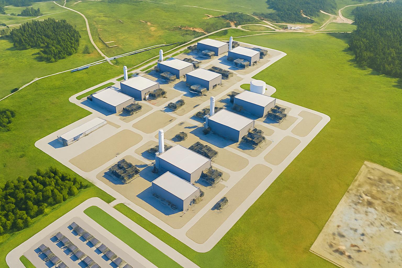 A bright aerial rendering of a modern industrial data center campus surrounded by green fields and forested areas. The facility includes multiple white-roofed buildings with cooling units and smokestacks, organized in a grid layout connected by wide access roads. The scene represents a repurposed energy site adapted for AI-driven infrastructure.