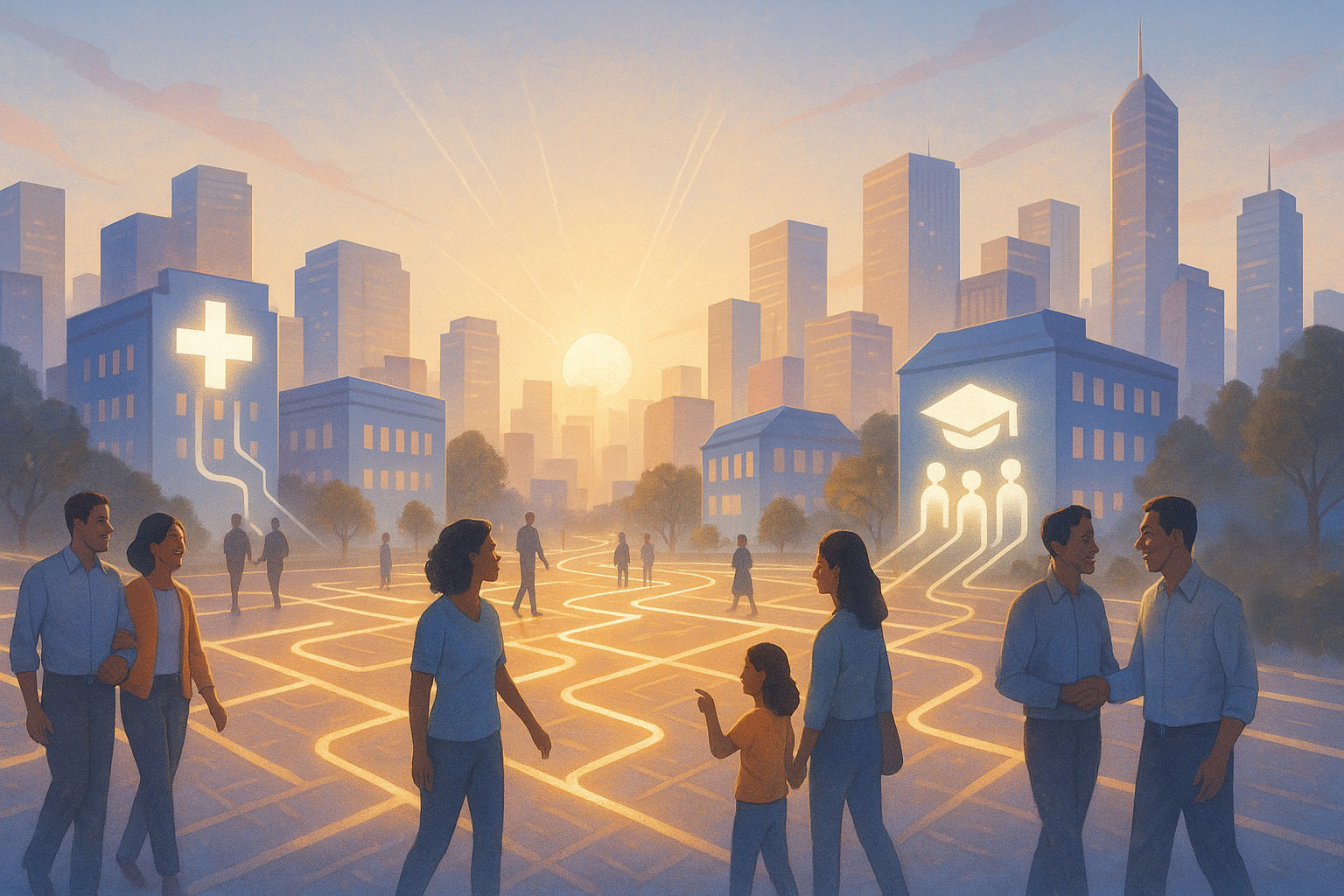 Futuristic city at sunrise with glowing AI technology connecting hospital, school, and community center. Diverse people interacting, symbolizing artificial intelligence in healthcare, education, and community impact.