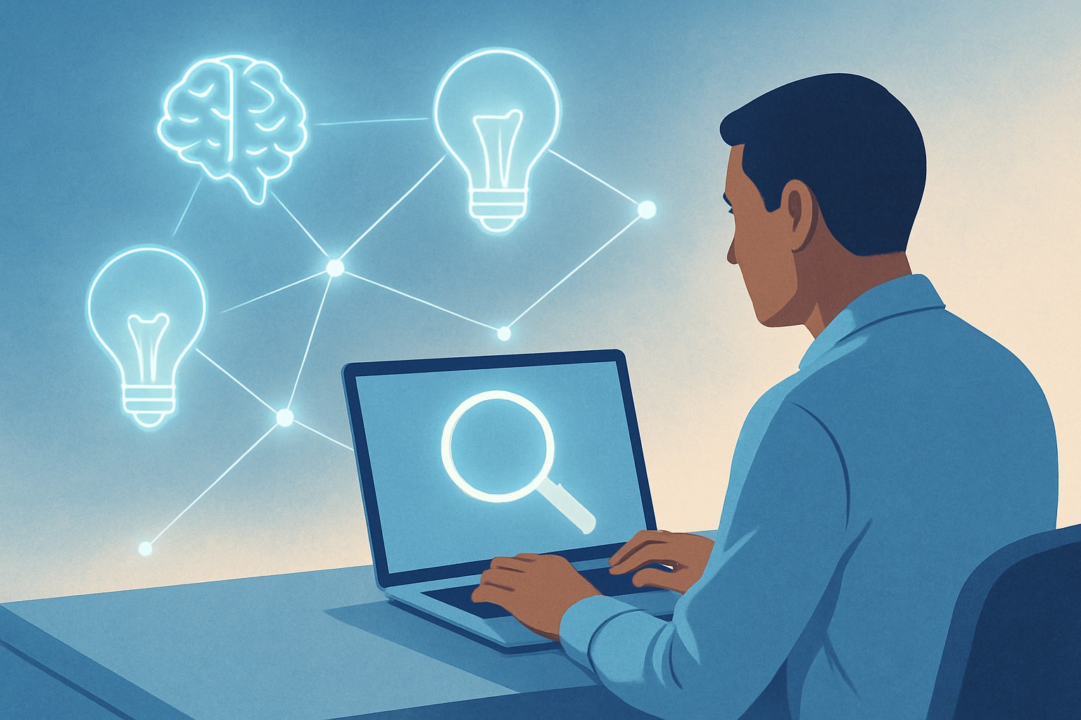 Man using laptop with AI and research icons including brain and light bulbs, representing artificial intelligence, strategic research, and data-driven insights