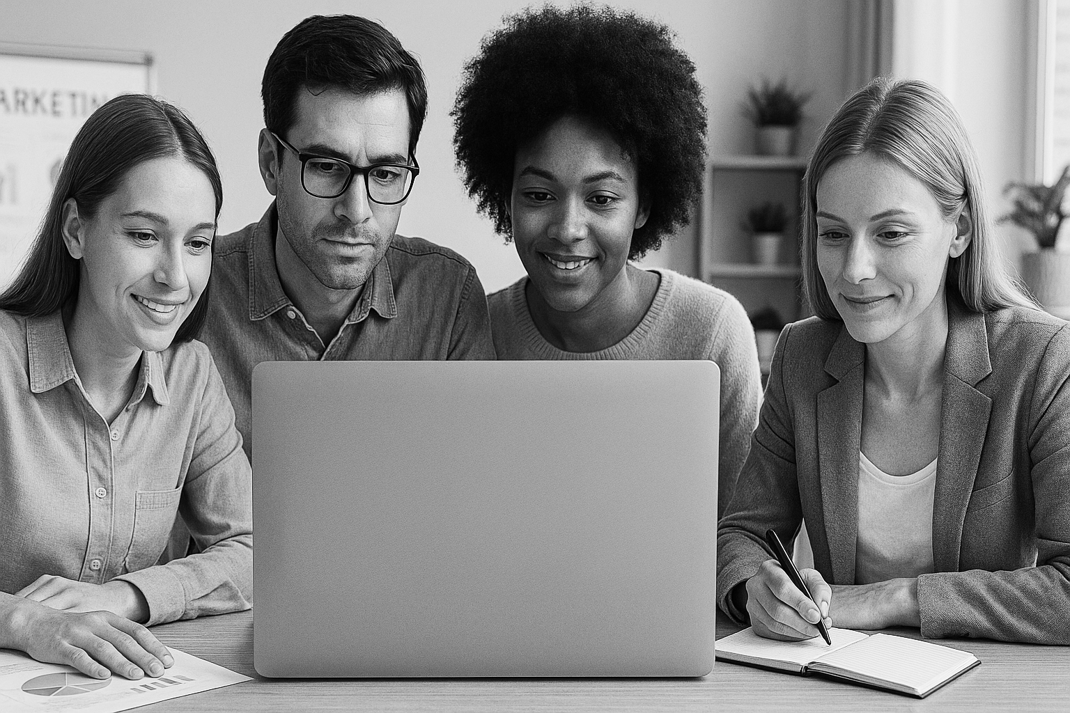 A group of four diverse professionals—two women on the left, a man in glasses, and a woman with a notepad—collaborate at a desk while looking intently at a laptop screen. The setting appears to be a modern office with a marketing chart and potted plants in the background.