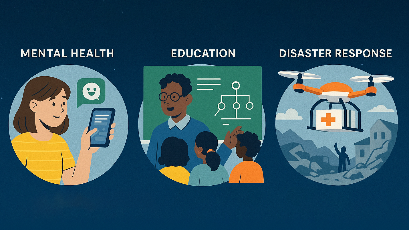 Infographic by Spark AI Strategy illustrating how artificial intelligence improves lives through mental health support with chatbots, educational AI programs for underserved students, and AI-powered disaster response using drones and real-time data