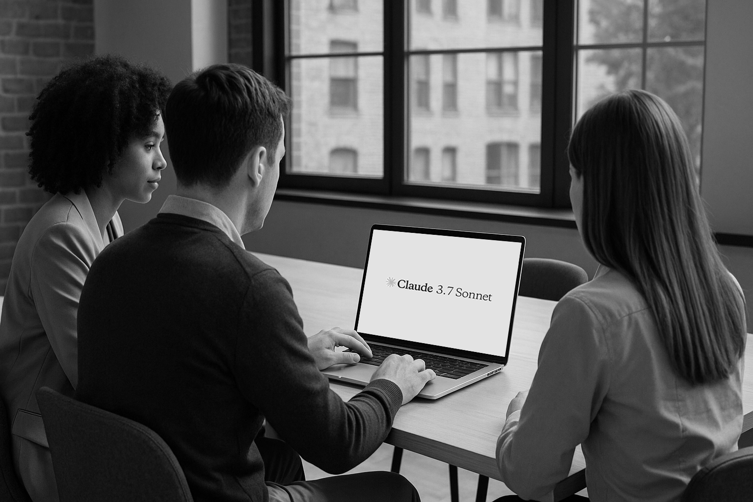 Three business professionals in a modern office collaborate around a laptop displaying the Claude 3.7 Sonnet, with large windows and a city view in the background—symbolizing AI-powered teamwork and strategic research.