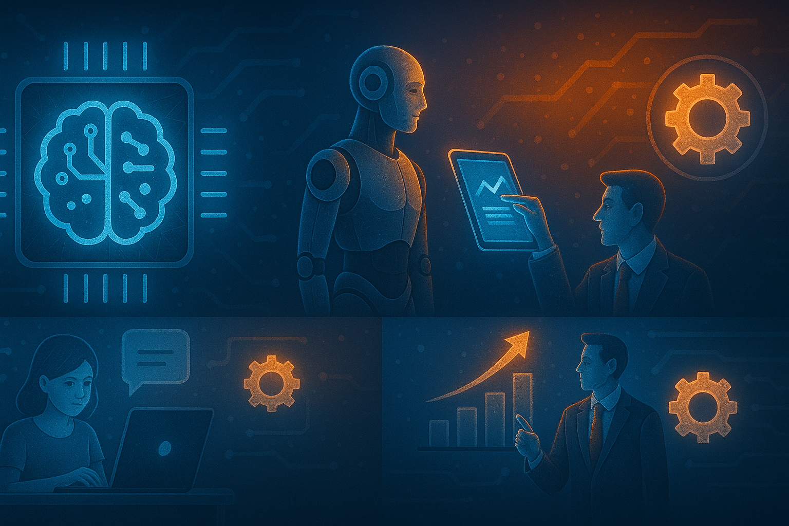 Futuristic digital illustration showing the impact of generative AI on business and technology, featuring glowing holographic visuals of a brain chip, humanoid robot, business professionals, data charts, and virtual communication in blue and orange tones