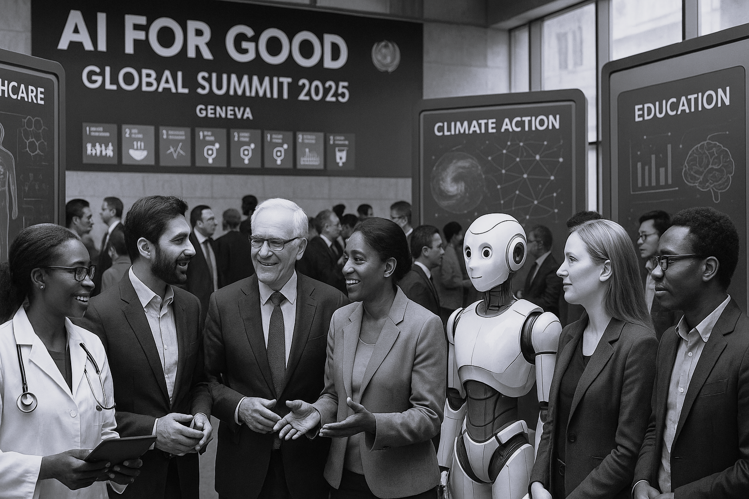 A diverse group of professionals and a humanoid robot engage in discussion at the AI for Good Global Summit 2025 in Geneva. Behind them, digital displays highlight AI applications in healthcare, climate action, and education, alongside the United Nations Sustainable Development Goals. The setting is modern, inclusive, and technology-focused.