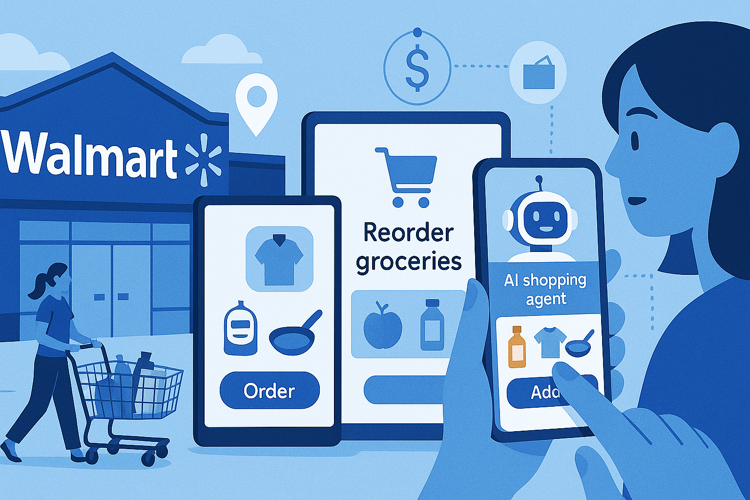 Illustration showing Walmart adapting to AI-driven retail, with a split scene of in-store shopping and mobile AI assistant apps for ordering groceries and products, symbolizing the shift in consumer behavior toward autonomous shopping agents.