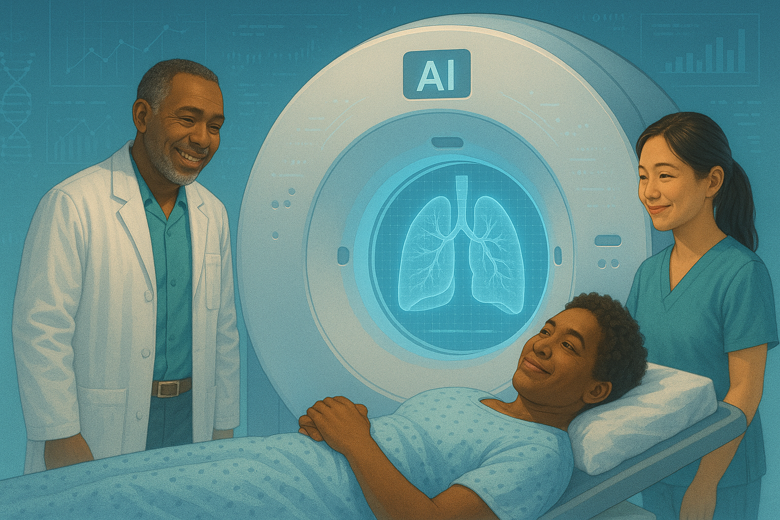 Diverse medical team with African American patient undergoing AI-powered CT lung scan, representing early lung cancer detection in underserved communities.